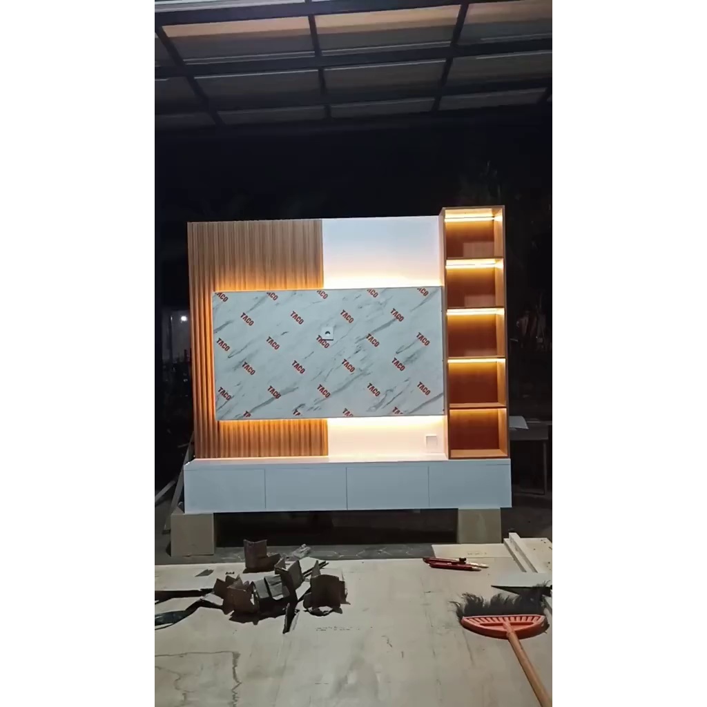 Jual Meja TV Full Backdrop Minimalis Modern Aesthetic Backdrop HPL ...