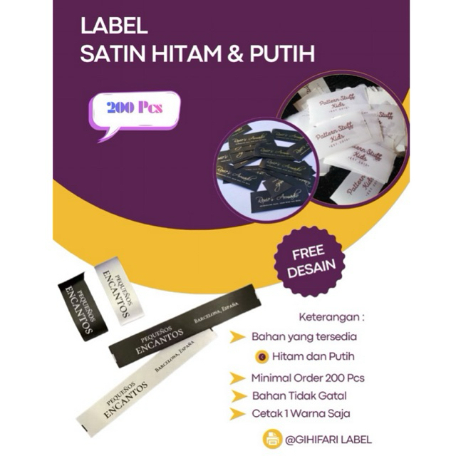 Jual 200 pcs FREE DESAIN ,Label satin hitam & satin putih halus, label ...