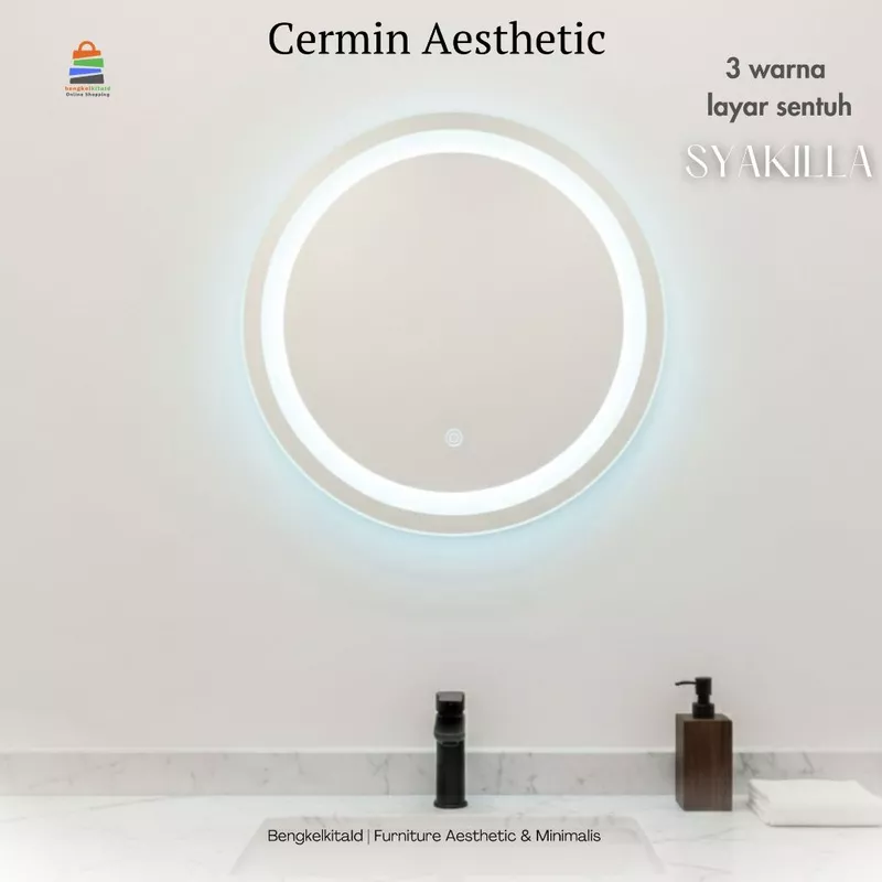 Cermin Bulat LED Aesthetic Syakilla Kaca Rias Dinding Wastafel 60cm