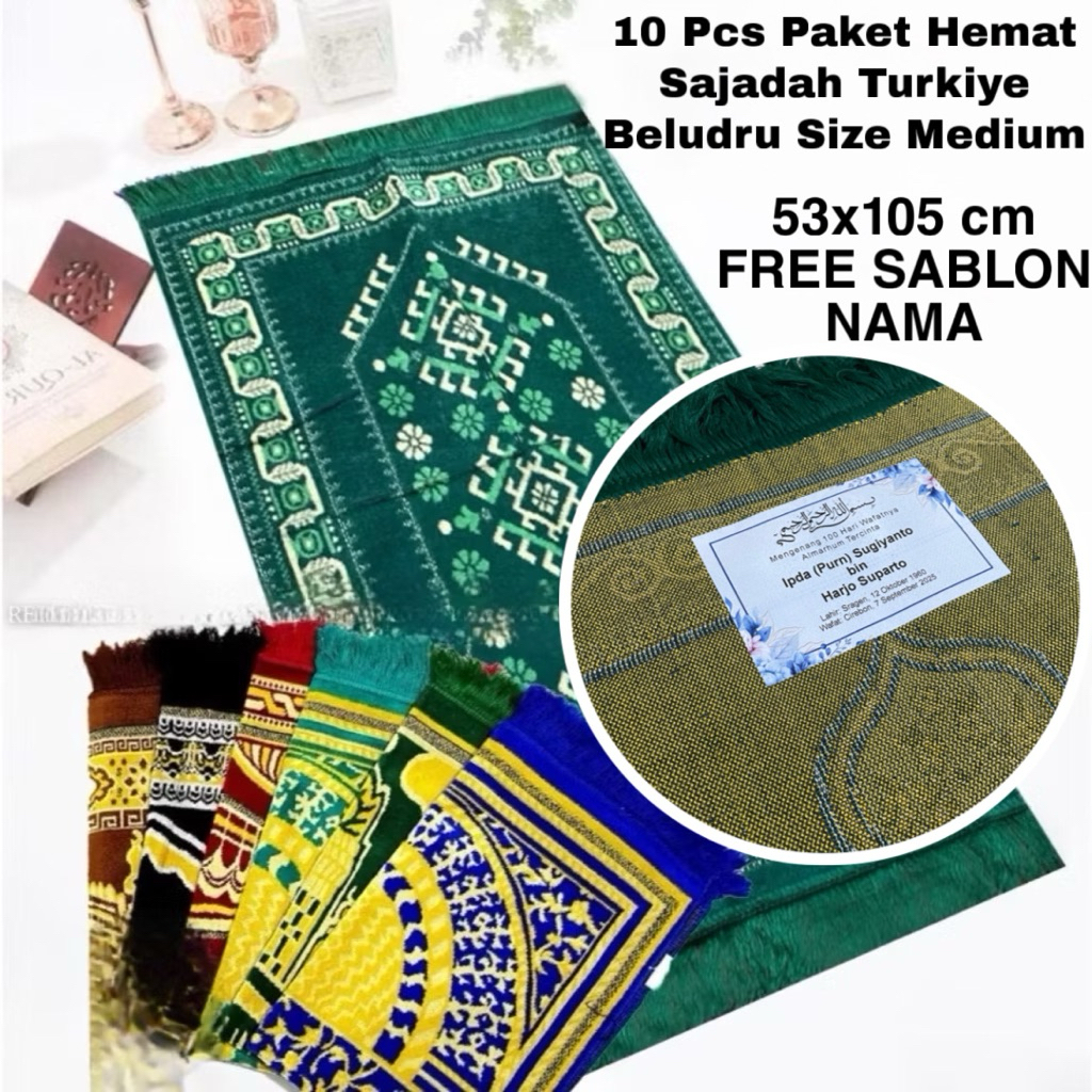 Grosir 10 Pcs Sajadah FREE SABLON NAMA Bahan Beludru halus Tebal Empuk Original Turkiye