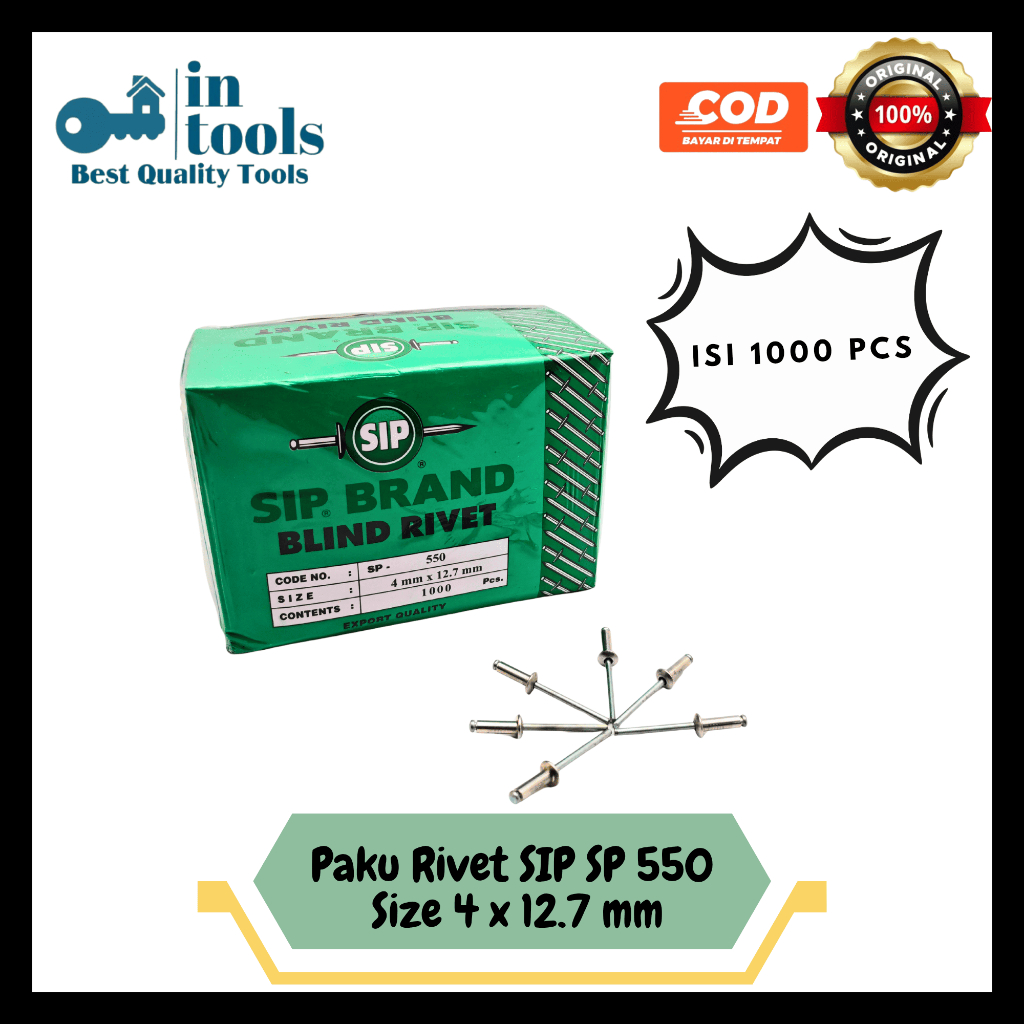 Jual [HARGA PER 1 DUS] Paku Rivet SP 550 SIP BRAND 4 x 12.7 mm isi 1000 ...