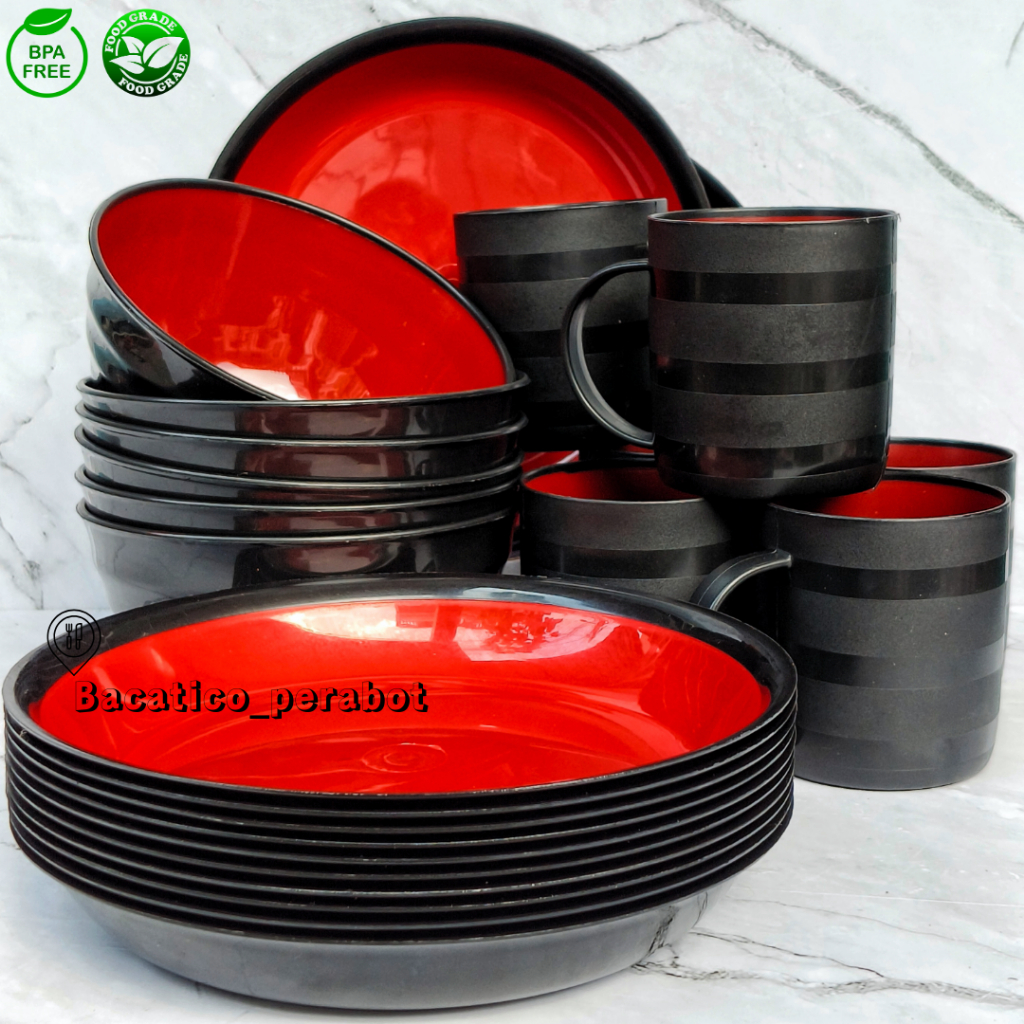 12 Pcs Set Alat Makan Plastik Tebal Cornelius Set Piring + Gelas + Mangkuk Estetik