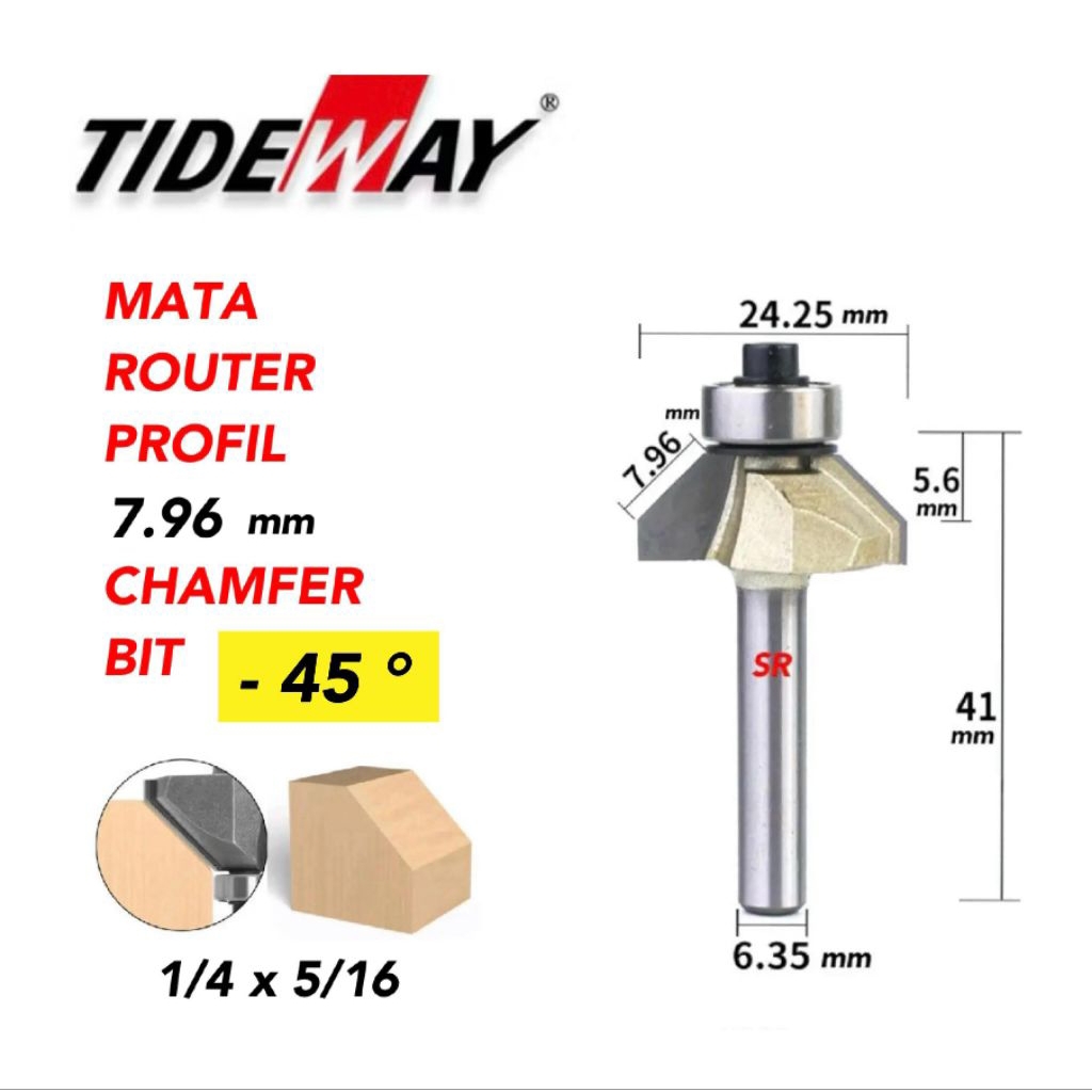 Jual Mata Router/ Profil 8 mm (1/4 × 5/16) Chamfer Bits 45 Derajat ...