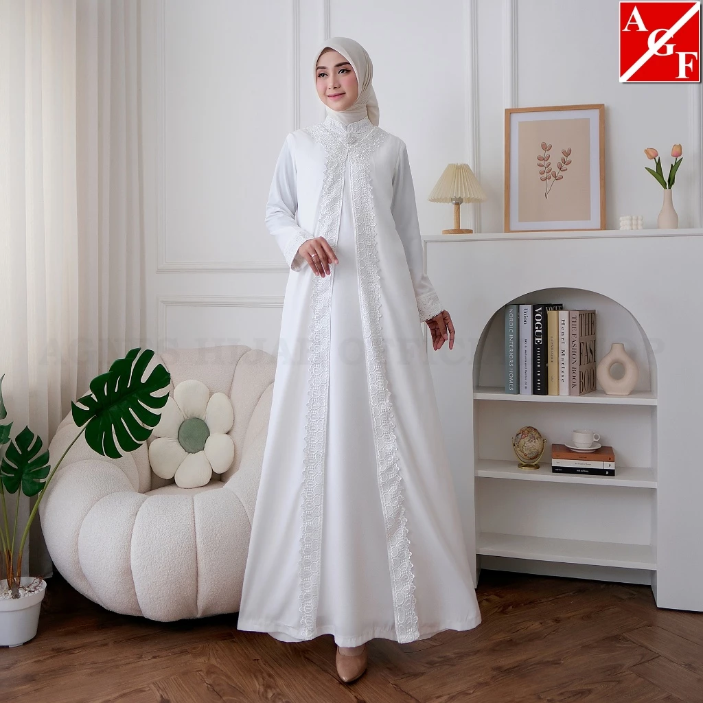 gamis katun adem tidak nerawang Kamila Dress gamis putih jumbo size elegan untuk wanita muslimah