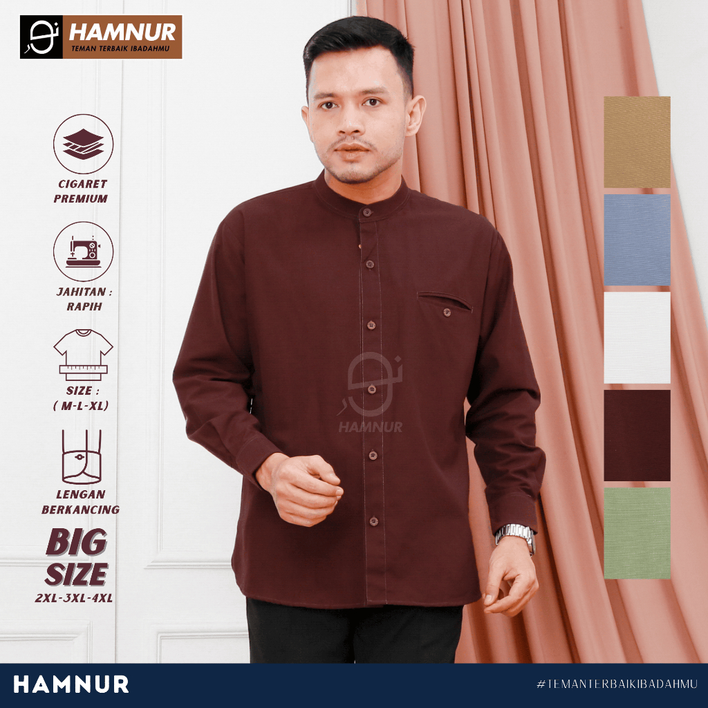 Baju Koko Pria Dewasa Katun Sigaret Lengan Panjang Baju Muslim Remaja Laki Laki Kemeja Koko Lengan Manset Ukuran M L XL 2XL 3XL 4XL-Warna Burgundy