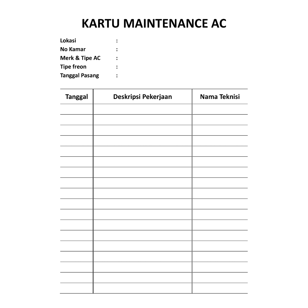 Jual Kartu Maintenance AC /Pemeriksaan AC/ Service AC Bolak Balik Tebal ...