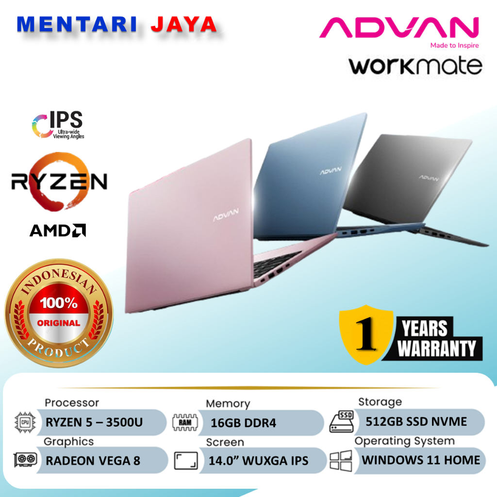 Jual [GARANSI RESMI] ADVAN Workmate Laptop R5 14 - Ryzen 5-3500U - 16GB ...