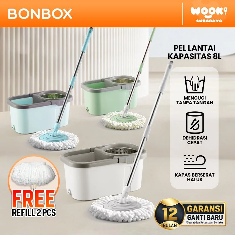 [Best Selling] BONBOX Alat Pel Lantai Ember 2 in 1 FREE 2 PCS KAIN PEL CADANGAN Kain Fiber dengan Ember Spin Mop Mencuci dan Membilas BCT3612B