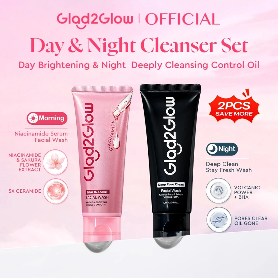 Jual Glad2Glow Day & Night Cleanser Set-Niacinamide Serum Facial Wash ...
