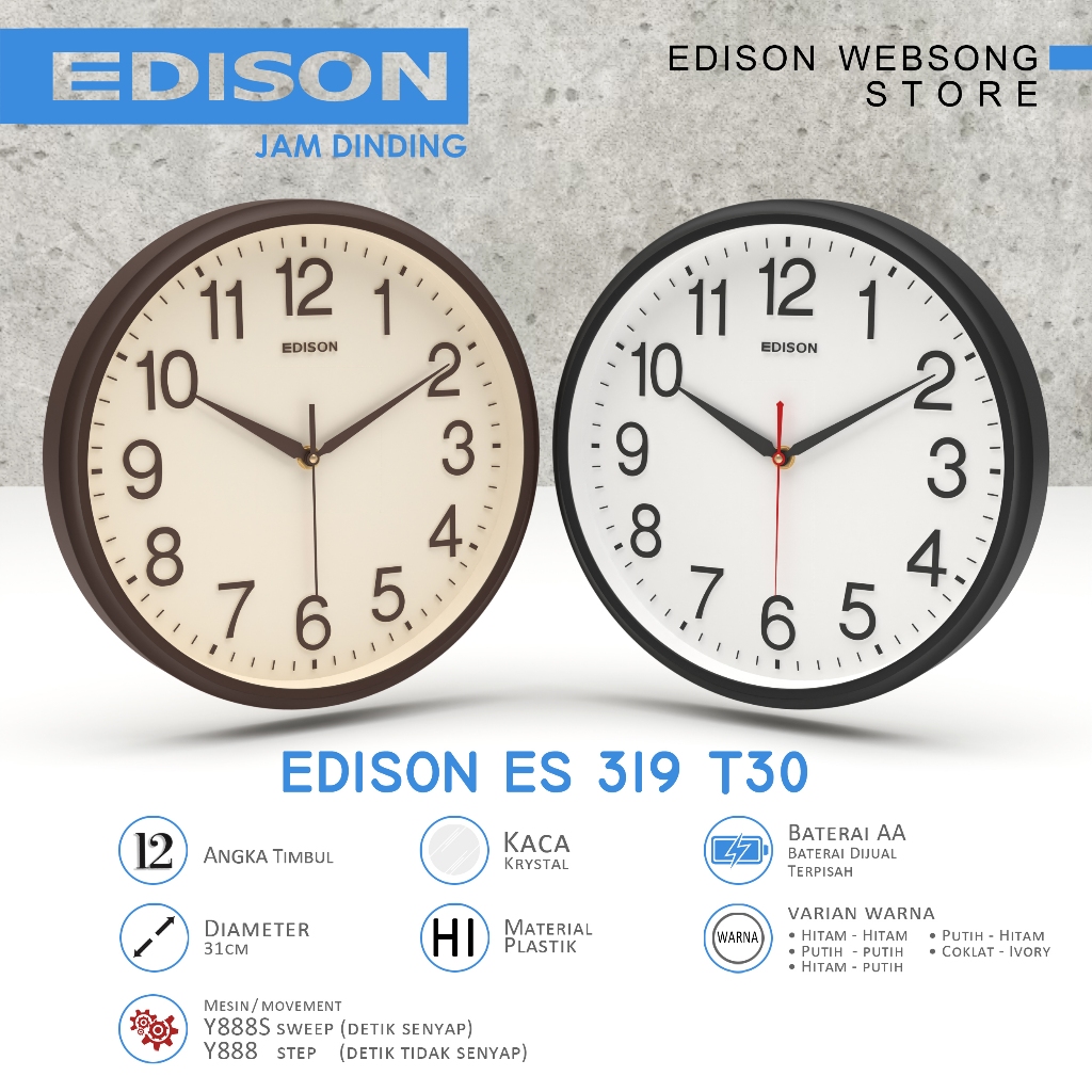 Jam Dinding Edison EDW 319 T30 Timbul Diameter 310mm 31cm