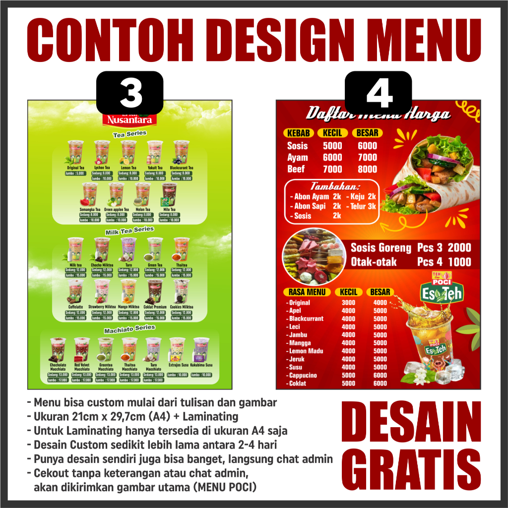 Jual custom menu laminating 1 sisi harga Rp 16.500/pcs ukuran a4 ...