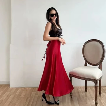Audy Skirt Korean Loose Maxi Skirt Rok Wanita Lilit Satin Valvet Rok Flare Wanita Rok Basic