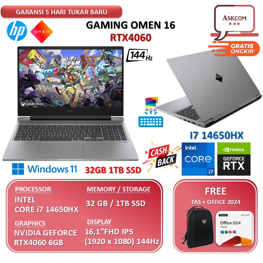 HP Omen 16 Core i7 14700HX RTX4060 8GB RAM 32GB 1TB SSD 16.1 inch FHD IPS 144Hz Windows11+Office 2024