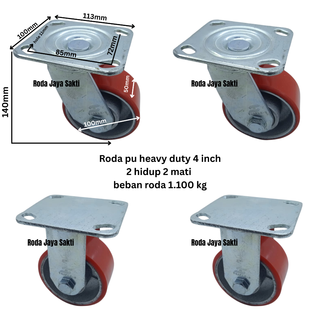 Jual Roda troli pu merah heavy duty 4 inch 2 hidup & 2 mati beban roda ...