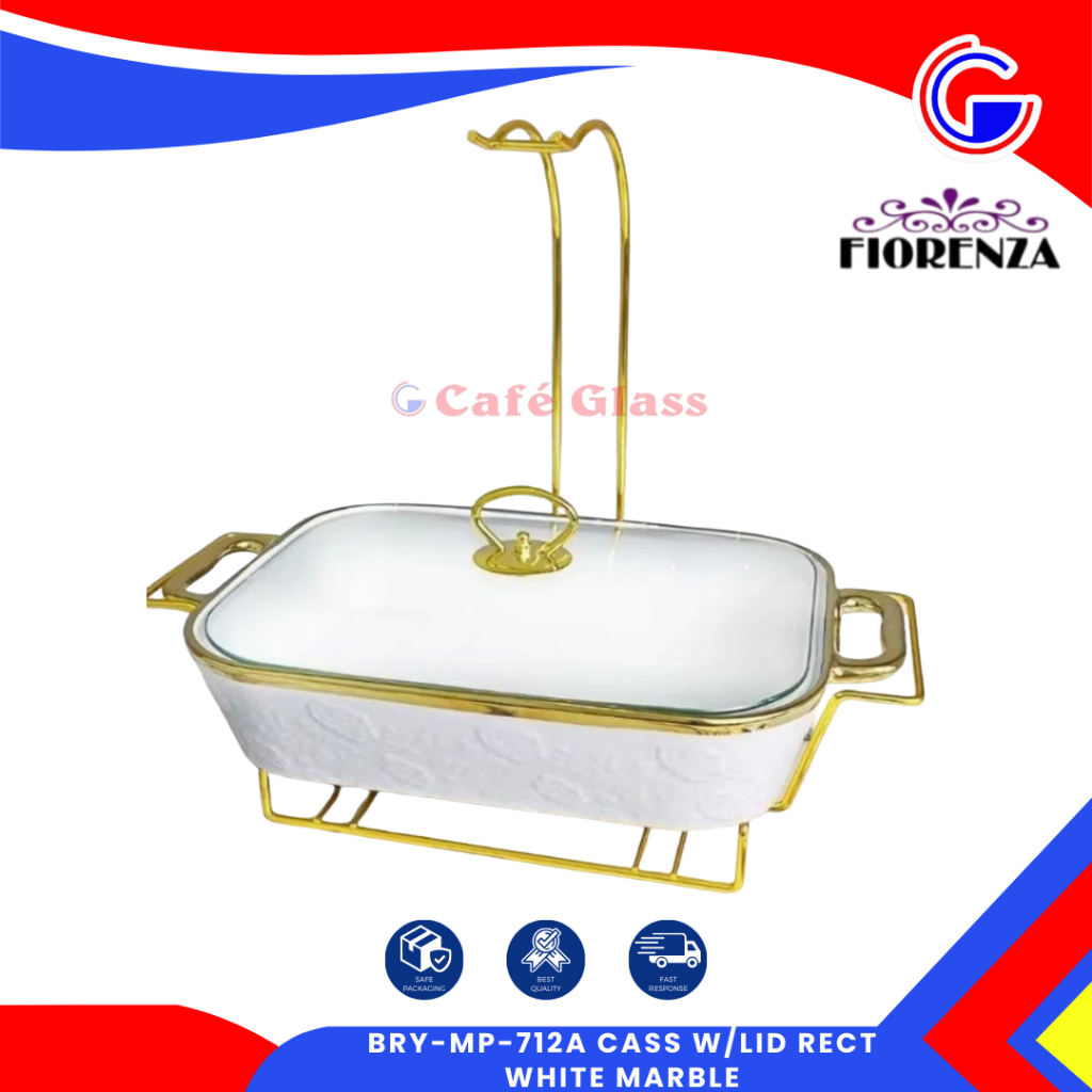 Fiorenza 712A/712C Wadah Saji Keramik Marmer Kotak/Bulat - Pemanas Makanan Lilin Prasmanan 2.3L Rak Gantung Tutup Kaca [peti]