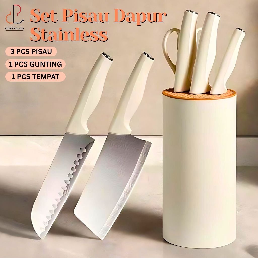 5IN1 Pisau Dapur Set Stainless Steel FREE WADAH Pisau Dapur Koki Kitchen Knife Tajam