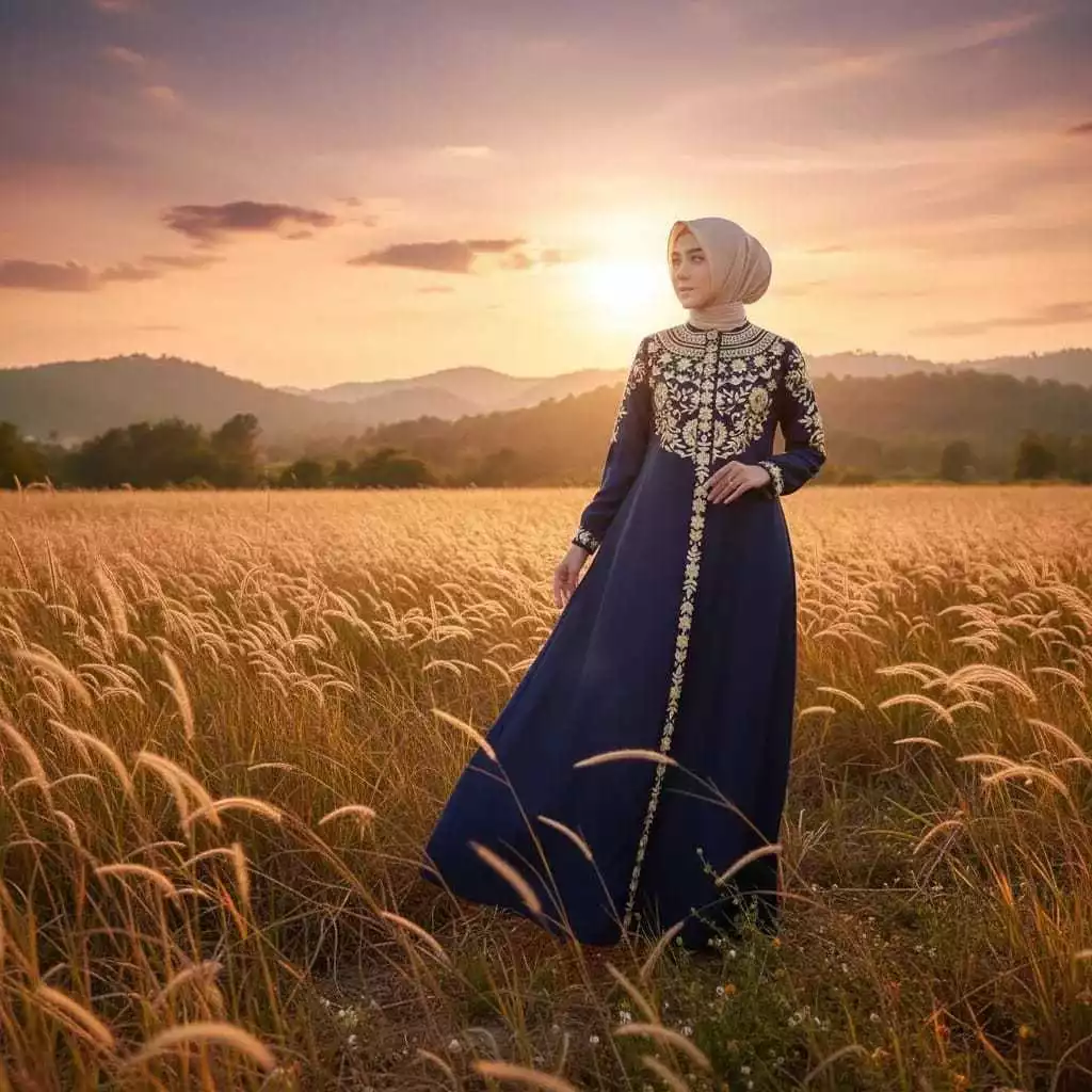 Gamis Bordir Tuqba Swaroski Bahan Katun Toyobo tampilan keseluruhan