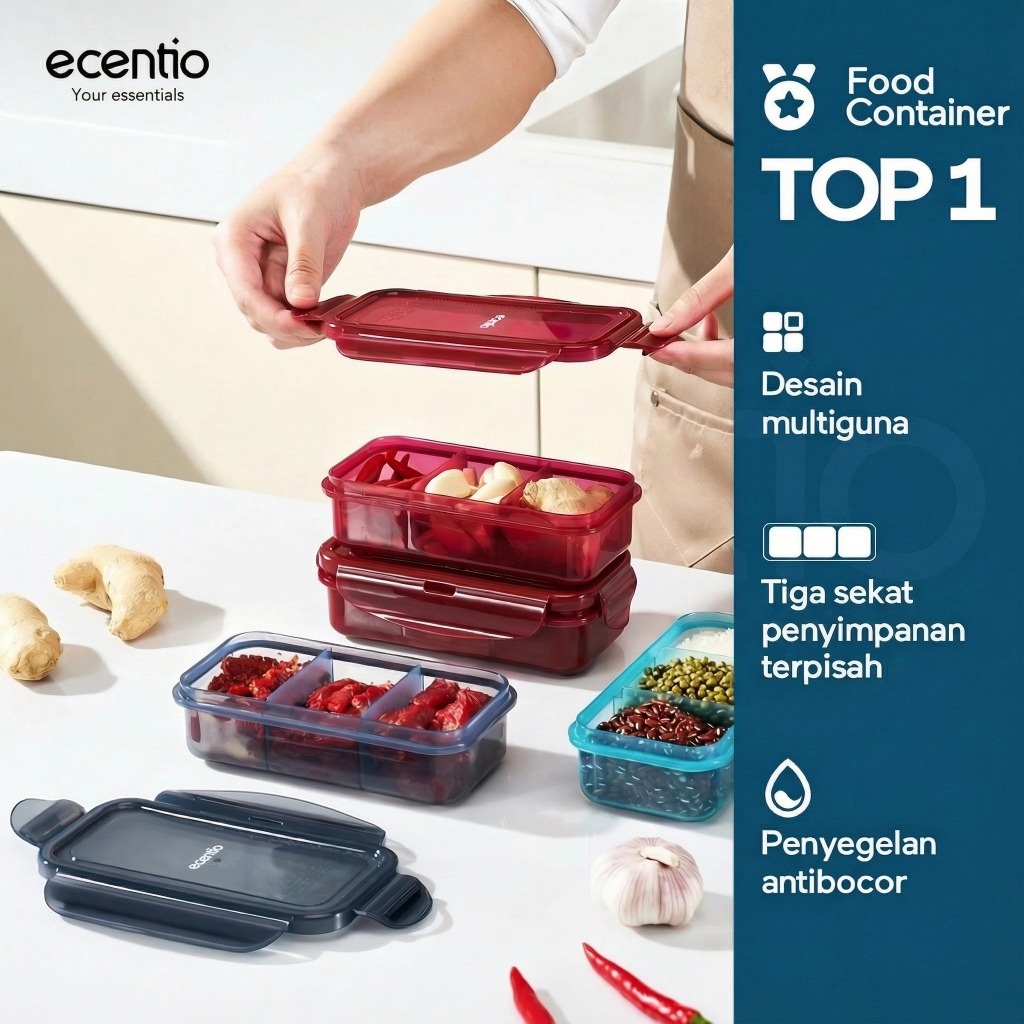 Jual ecentio food container toples plastik bening 420ml tiga bagian ...