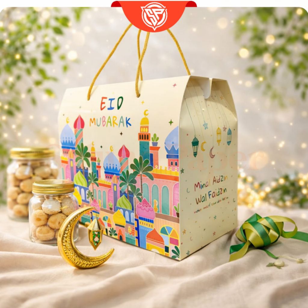Isi 10 pcs Box Hampers Lebaran Gable Box Bertali Bonus Hangtag 10 pc | Kemasan Kue & Gift Idul Fitri