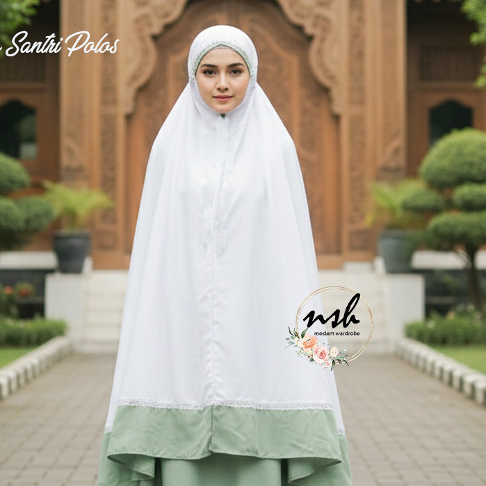 nsh Mukena Dewasa Santri Love Polos Two Tone dengan Tas Sajadah Mini
