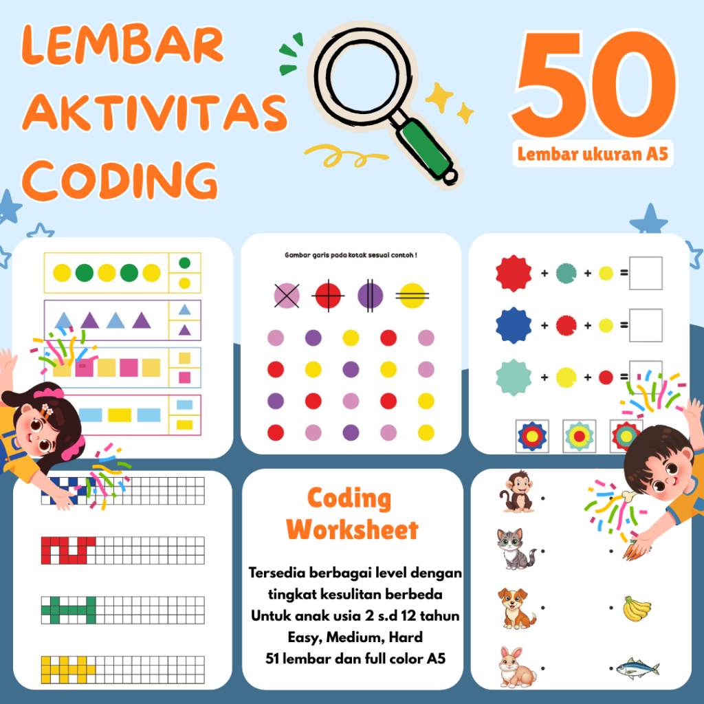 Jual 50 Lembar Belajar Worksheet Coding Anak Kertas Melatih Logika ...