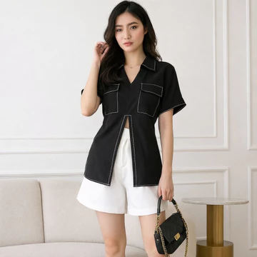 Vallina Outfit Nikita Blouse Atasan Wanita Katun Linen Lengan Pendek OOTD Korean Style Casual