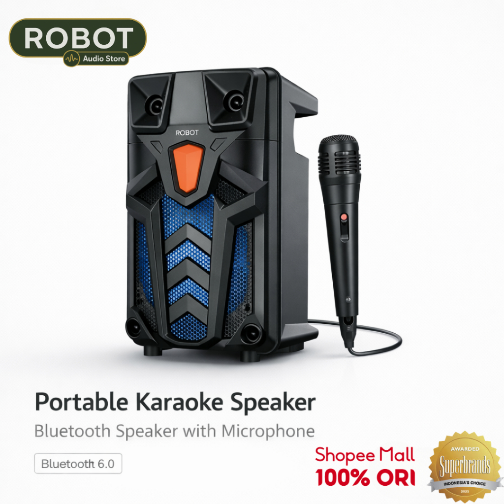 ROBOT Speaker Bluetooth Karaoke RB300 Plus Mic Actual Bluetooth 3D Stereo Mini Bluetooth Speaker Set Full Bass Karaoke