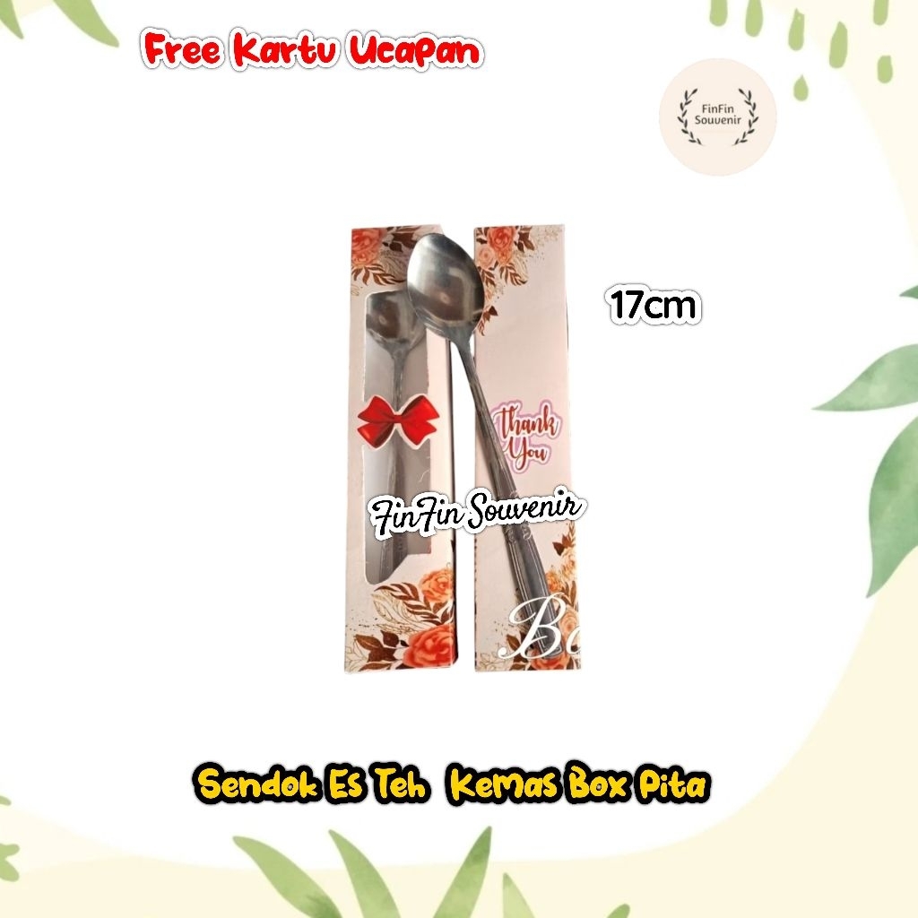 (isi 100 set) Souvenir Sendok Stenlis panjang /sendok esteh / sendokjus / kemas Box pita Souvenir pernikahan khitanan ultah free kartu ucapan