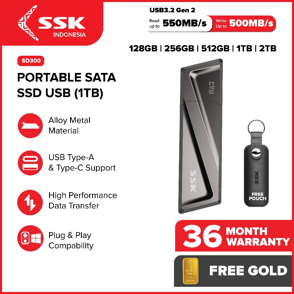 Jual SSD Portable SATA SSK SD300 USB 3.2 Gen 2 High Speed 550MB/S 1TB ...