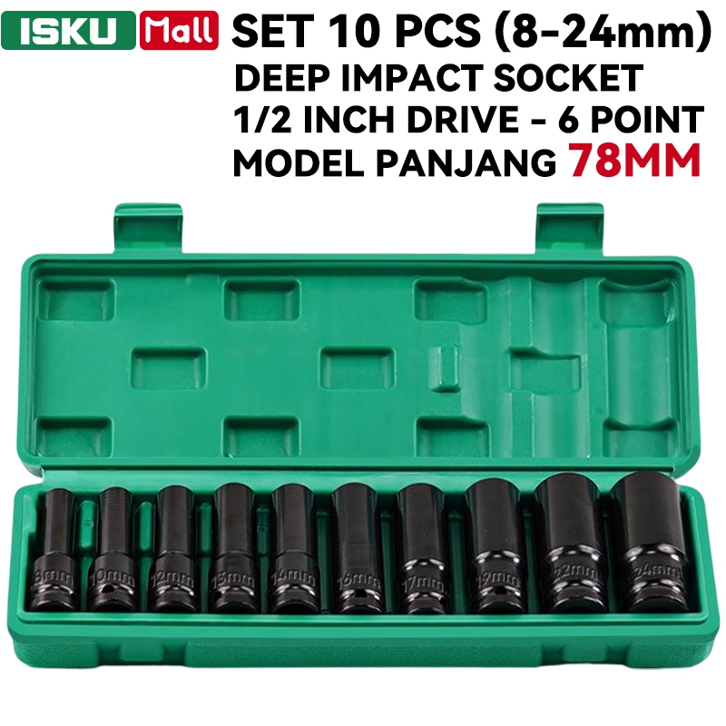 ISKU Impact Socket Set 1/2" 10 Pcs 8-24mm Mata Kunci Sok Baja Hitam 6 Point Mobil Motor
