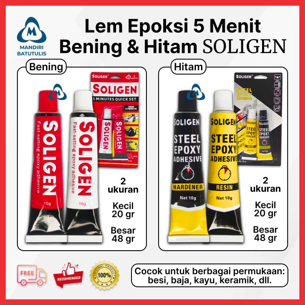 Jual Lem Epoksi SOLIGEN 5 Menit Bening & Hitam Steel Epoxy Adhesive Lem ...