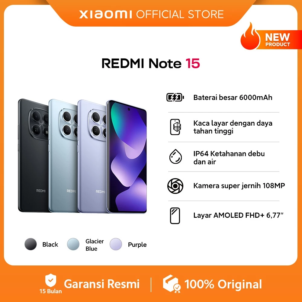 Xiaomi Redmi Note 15 warna Glacier Blue tampak depan dan belakang
