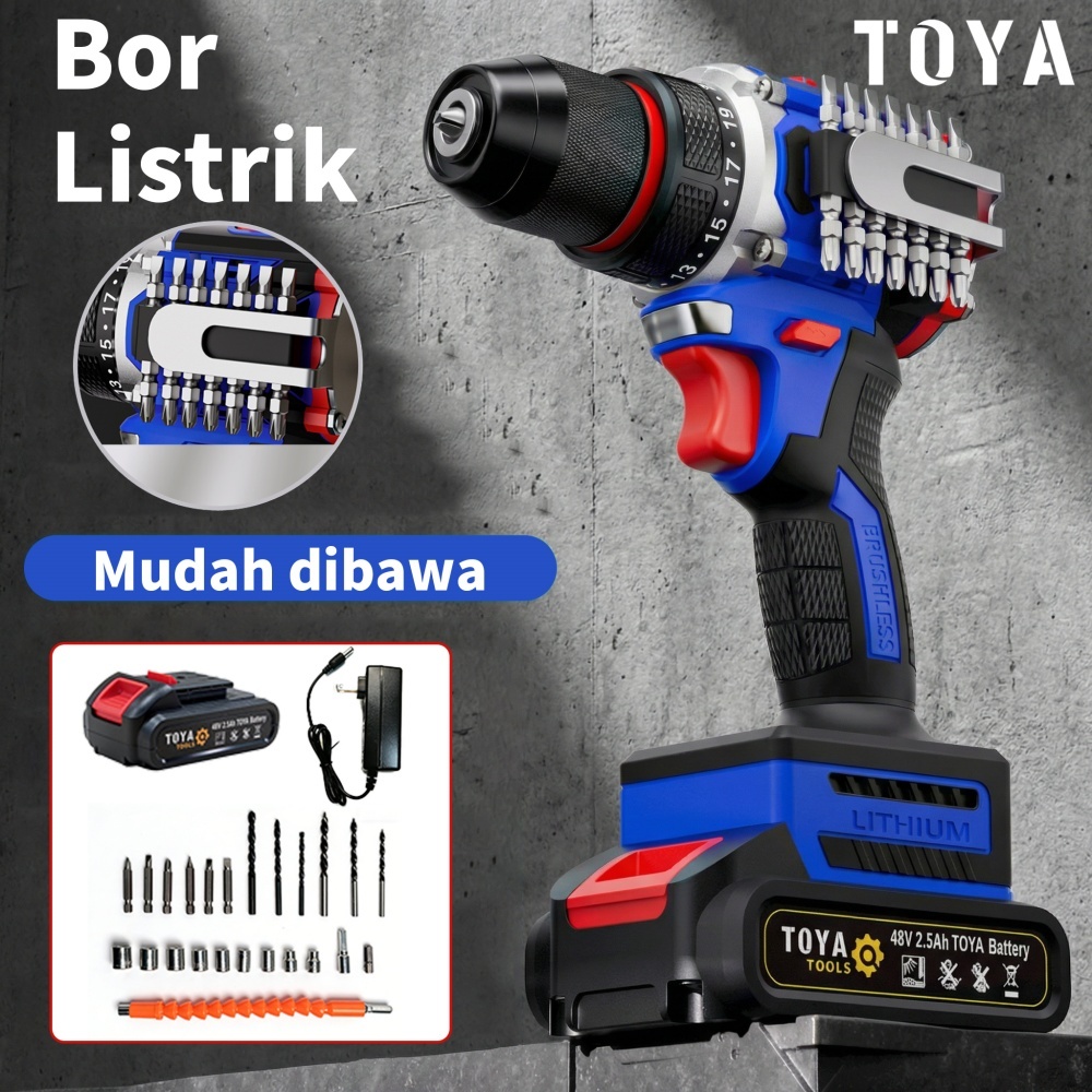 Jual TOYA Bor Listrik 48vf Mesin Bor 2baterai Cas 90N.m Bor Listrik ...