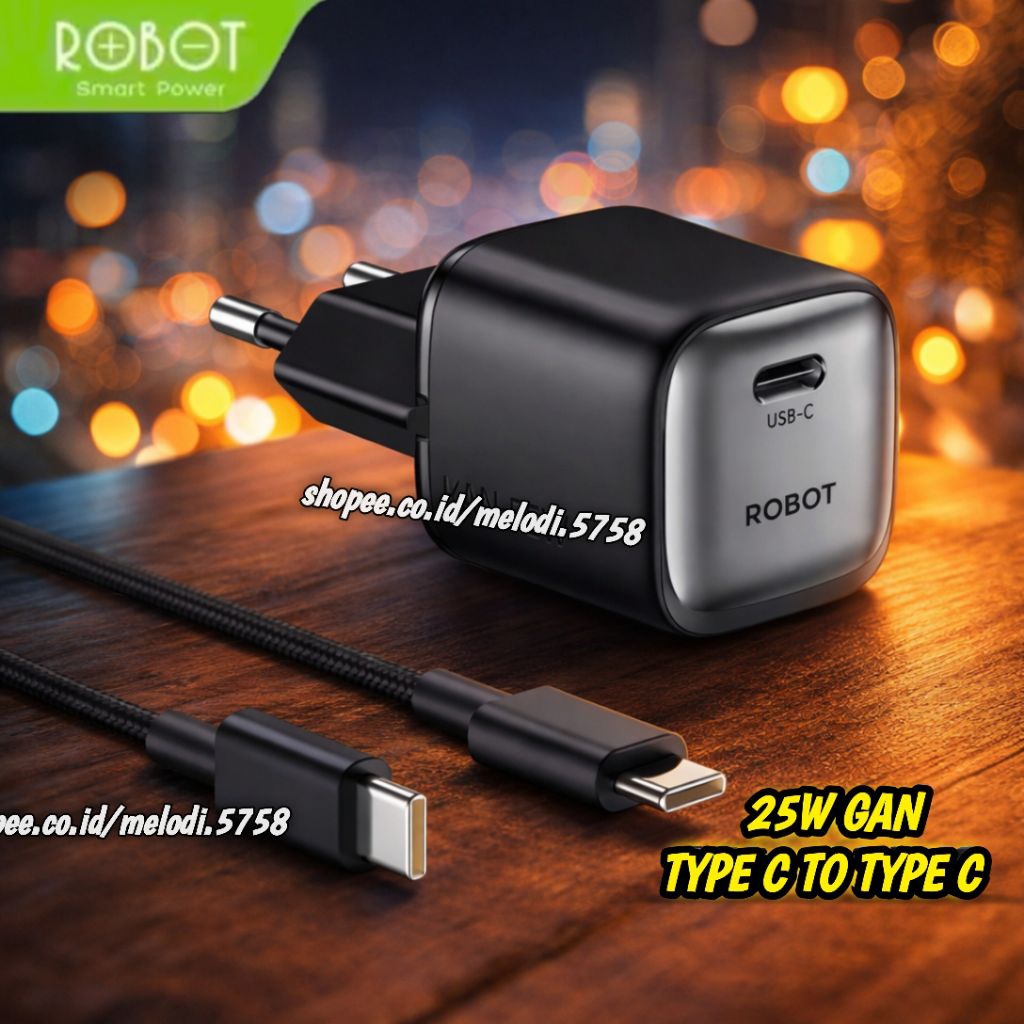 1 Set ROBOT Charger USB Type C To C 25W GaN PDSuper Fast Charging dengan PPS/iQc3.0 Desain Mini design