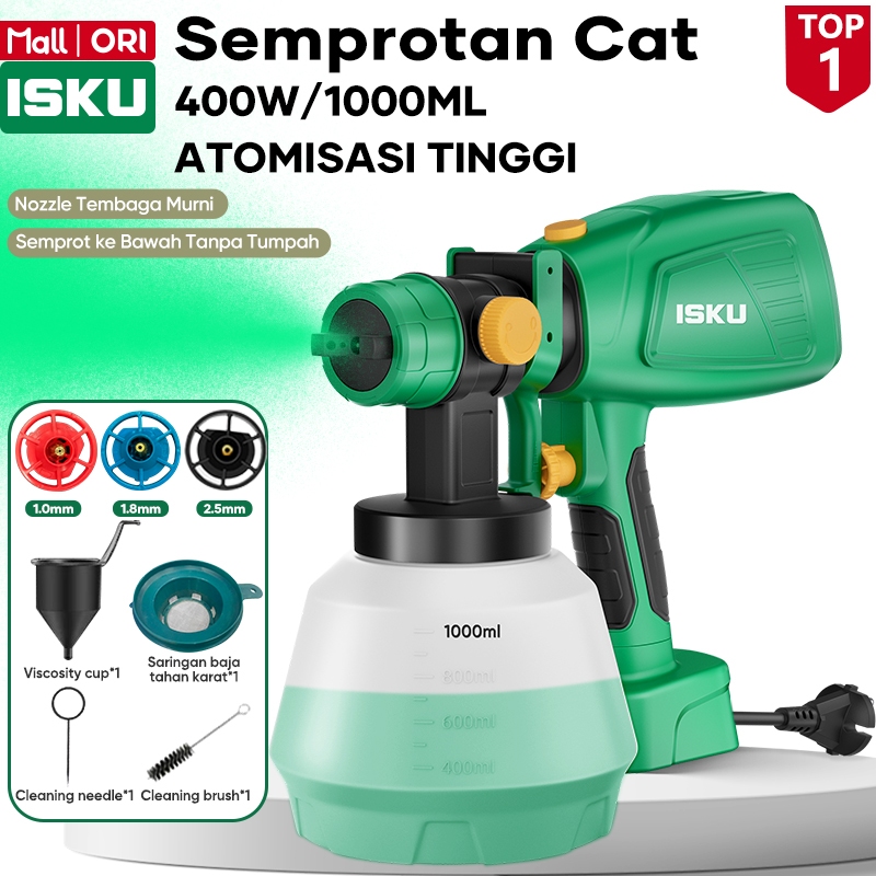 ISKU Mesin Spray Gun Elektrik 400W Semprotan Cat Tembok Listrik Paint Sprayer 1000ml Tanpa Kompresor Ganti Kuas Roll Hasil Halus Anti Kulit Jeruk Mampet Alat Pengecatan Kayu Besi Motor Tembaga 3 Nozzle Perkakas Tukang Bangunan