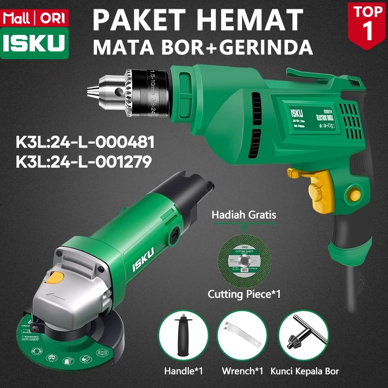 ISKU Paket Combo Hemat: Mesin Bor 10mm 700W & Gerinda 4" 500W Low Watt - Power Tools Set