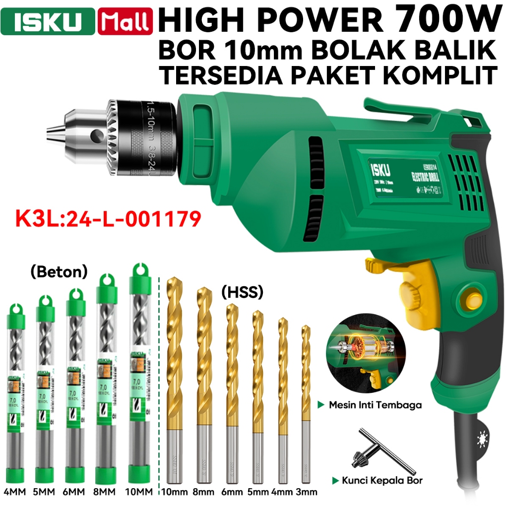 ISKU Mesin Bor Listrik 10mm 700W Bolak Balik Variable Speed Electric Hand Drill Kayu Besi