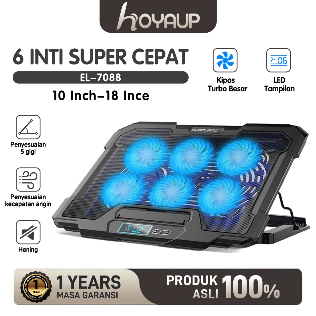 HOYAUP Cooling Fan Stand Laptop Portable 6 Fans LED Silent Noise Cooler Foldable Adjustable Height