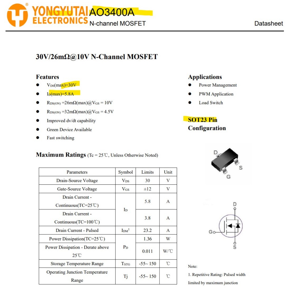Jual AO3400A 30V 5.8A N-Channel MOSFET A01T AO3400 SOT-23 Yongyutai ...