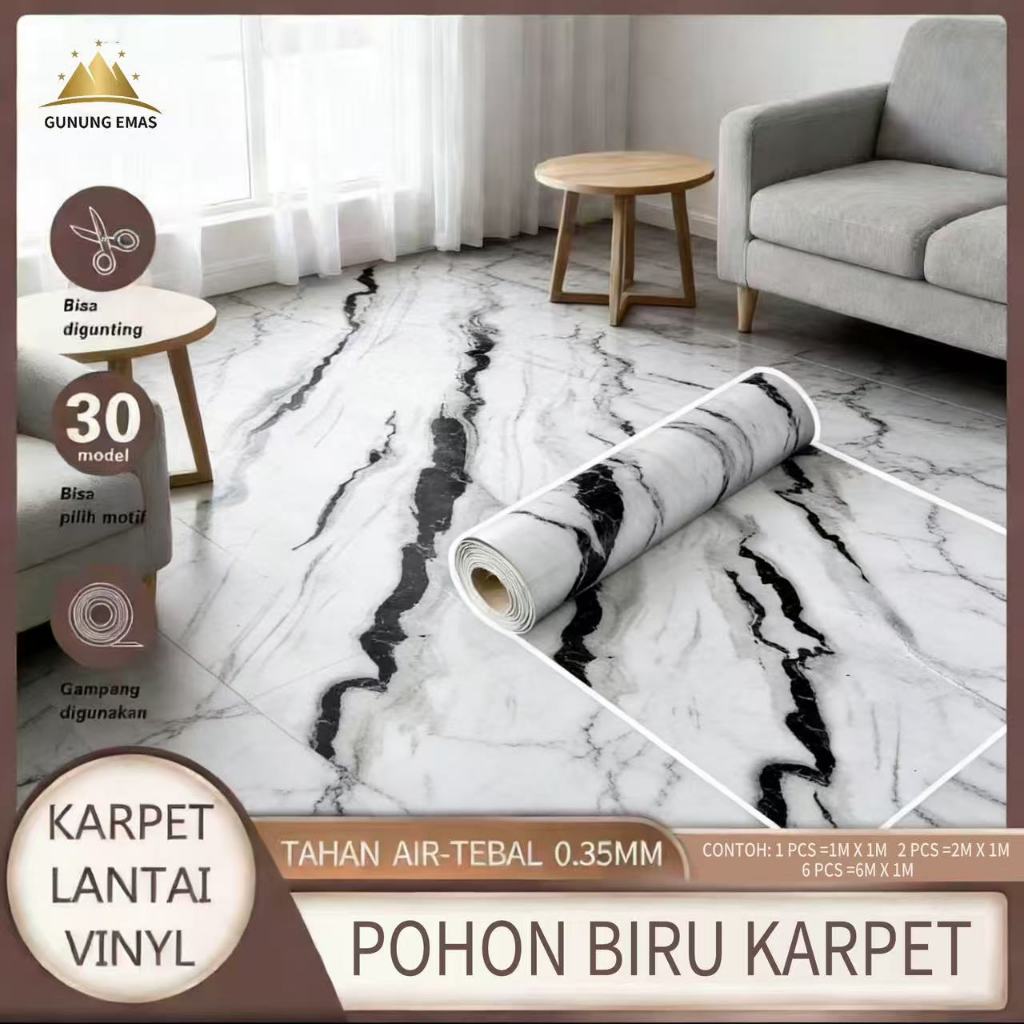 GUNUNG EMAS Lantai PVC Motif Marmer Tebal 0.35mm | Anti Noda Tahan Gores Mudah Bersih | Untuk Rumah, Kamar Tidur, Ruang Tamu, Dapur, Kantor | Pasang Mudah Jual Per Meter Gratis Ongkir COD