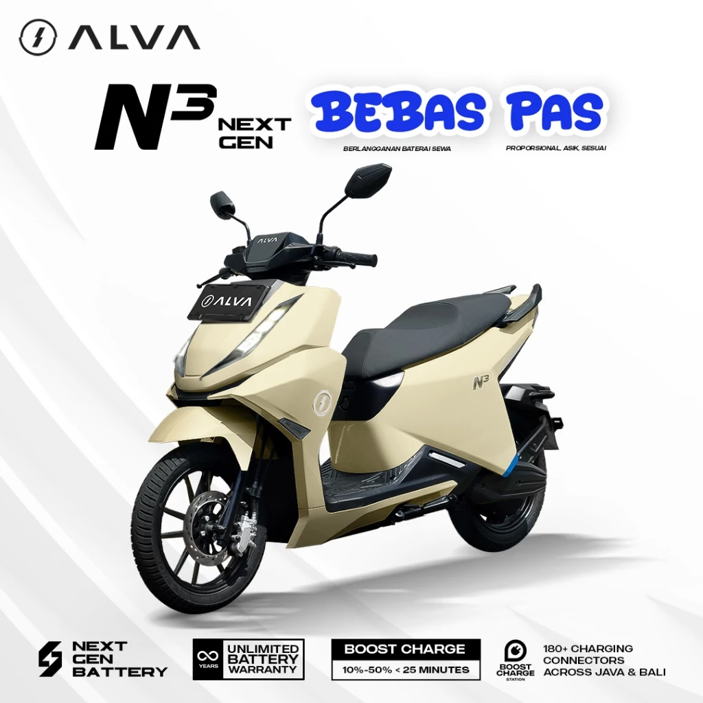 Sepeda motor listrik ALVA N3 NEXT GEN warna elegan cocok untuk mobilitas harian di perkotaan