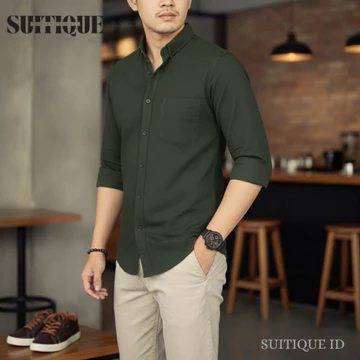 Suitique ID Kemeja Pria Lengan Panjang Cotton Pique Anti Kusut Black Rapi Seharian Formal Casual