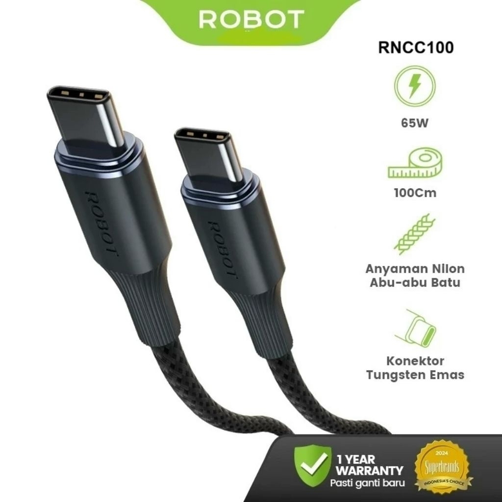 Jual KABEL CHARGER ROBOT RNCC100 65W USB-C TO TYPE-C | Shopee Indonesia