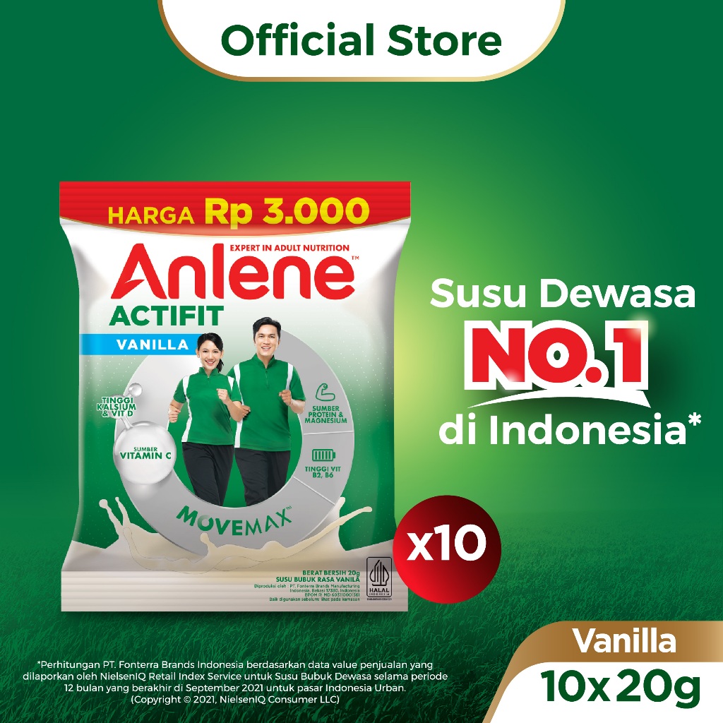 Anlene Susu Bubuk Dewasa Vanila 10 x 20g Sachet - Nutrisi Tinggi Kalsium Untuk Tulang, Sendi, dan Otot