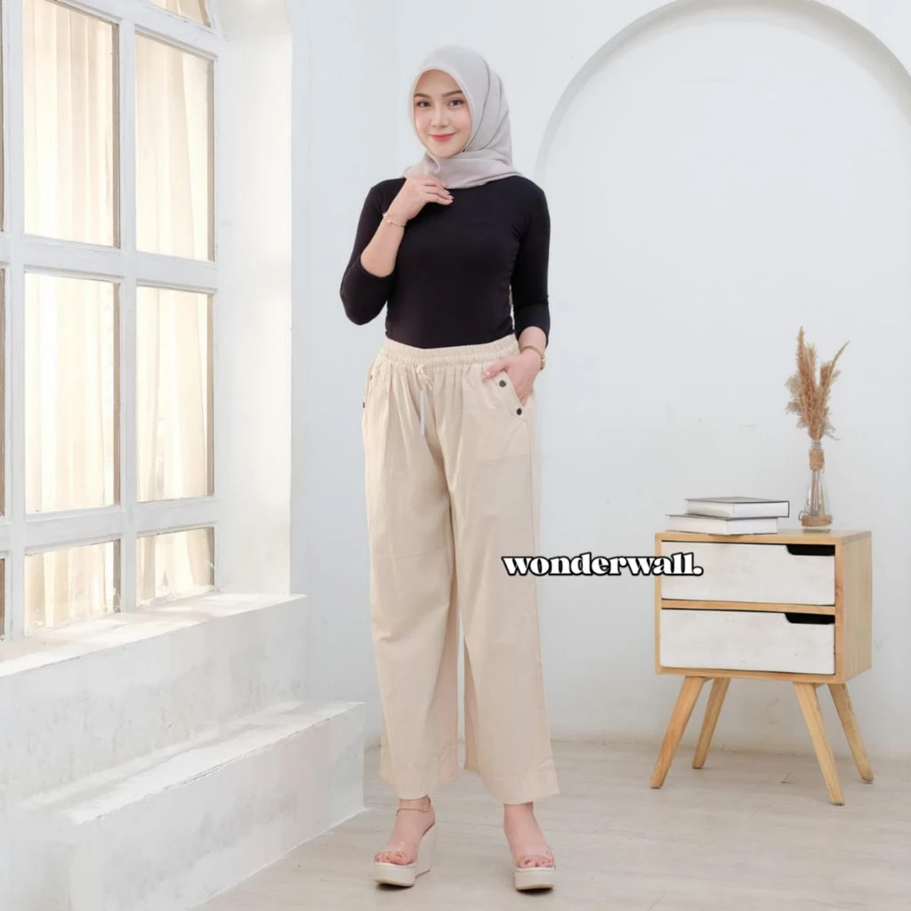 Celana Panjang Kulot Highwaist Wanita Bahan Crinkle Linen