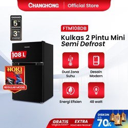 New Changhong Kulkas 2 pintu Mini (Refrigerator) Lemari Es Kapasitas 108 Liter – Black FTM108DB (Semi Defrost ) (Ajustable Door Bisa DiBuka Dari Kanan/Kiri) (Penyimpanan Besar) (Pintu Fleksibel) (Freezer Yang Terpisah) (Pembekuan Cepat)