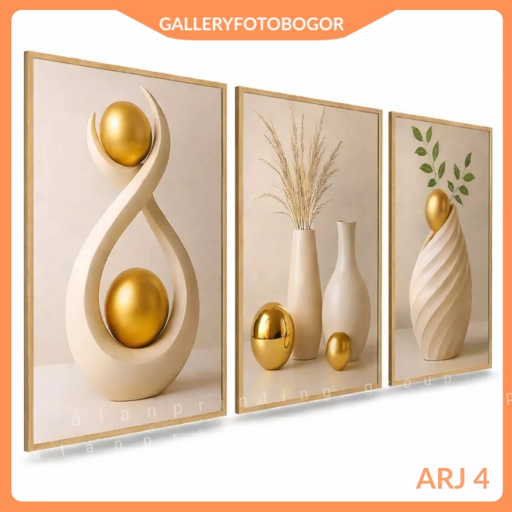 GP Hiasan Dinding Set 3 Panel Lukisan Abstrak Gold 3D Frame Minimalis - Dekorasi Ruang Tamu Modern ARJ