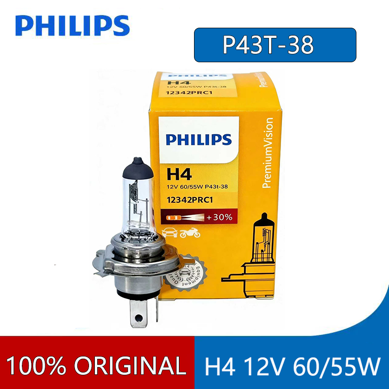 PHILIPS Bohlam Halogen H4 12V 60W P43T Tahan Panas Quartz Glass Mobil Motor