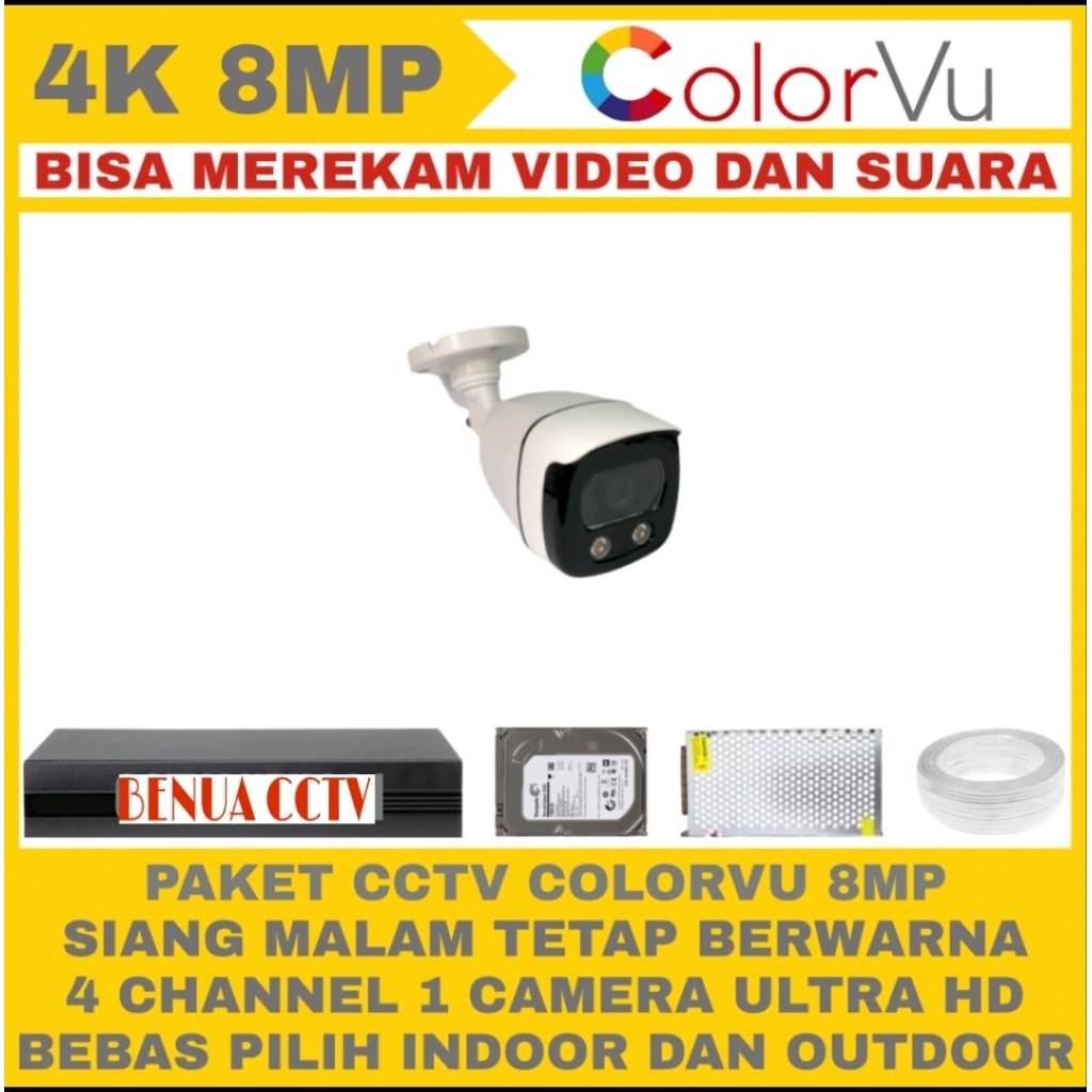Jual PAKET CCTV COLORVU 8MP 4 CHANNEL 1 KAMERA 4K ULTRA HD CAMERA AUDIO ...