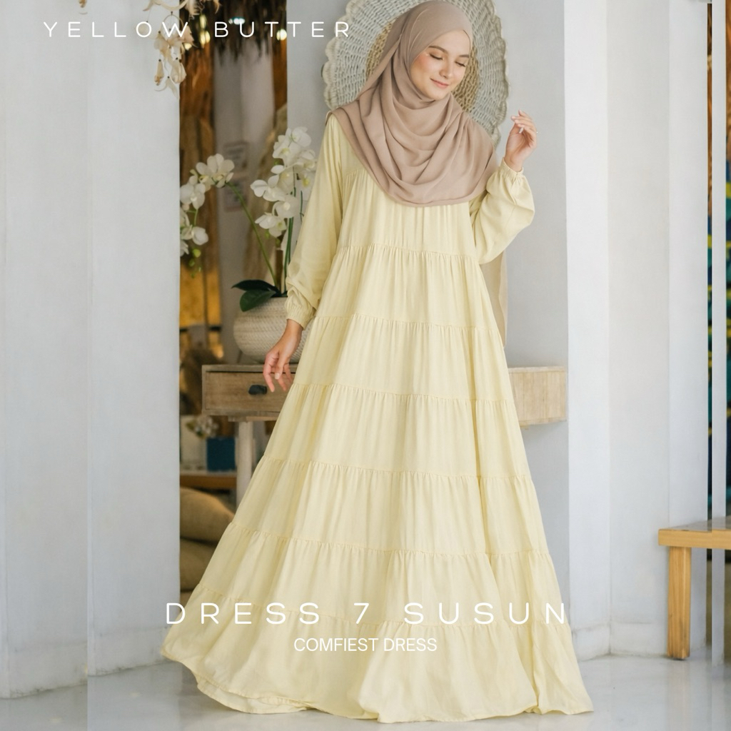 Jual mocaca dress 7 susun kuning butter yellow soft pastel adem halus ...